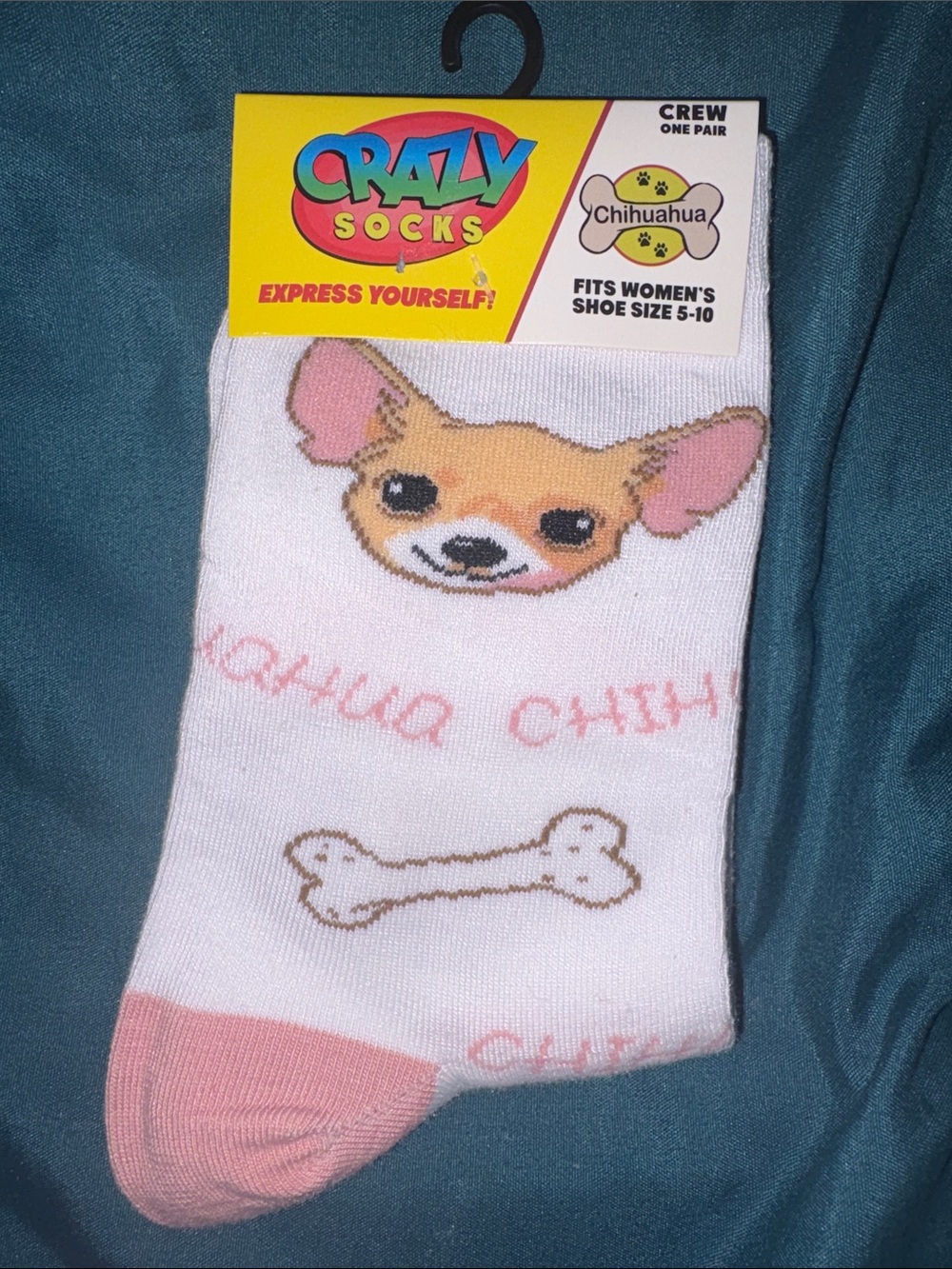 Crazy Socks Women’s White & Pink Chihuahua Crew Socks